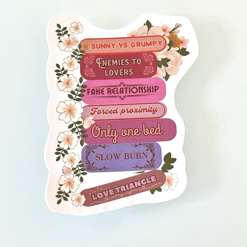 5/$10 Waterproof New Vinyl Sticker Decal Bookish Romance Tropes Book Pile